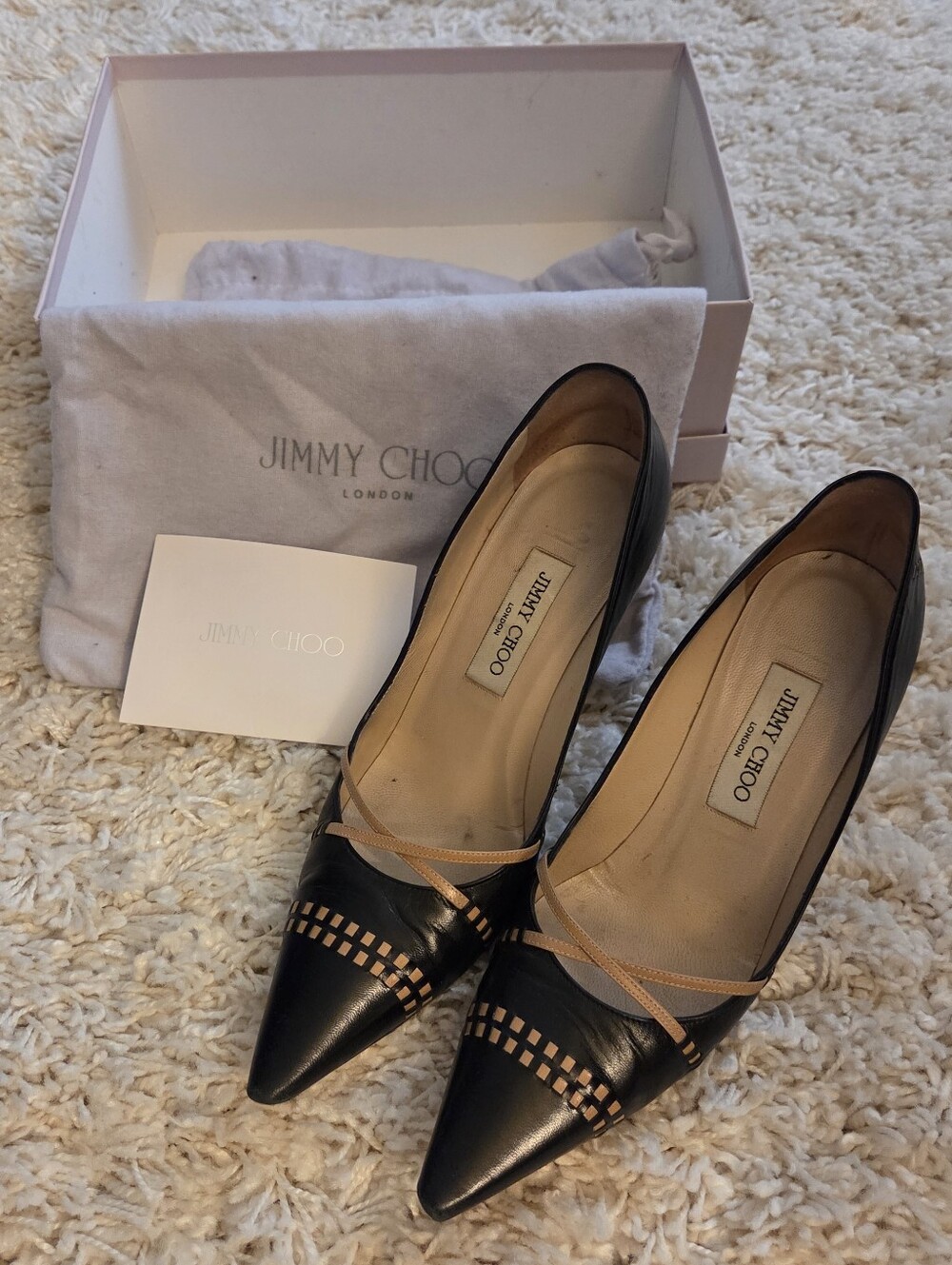 Jimmy Choo Black Leather Pointed Pumps with Tan Trim Accents